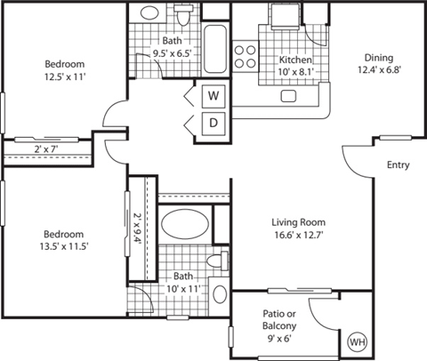 Floor plan for 2 beds, 2 baths, 1035 sqft
